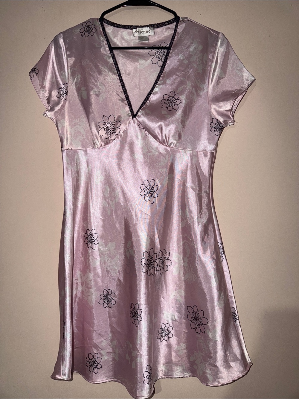 Floral Satin Chemise in Light Pink with Contrast Trim